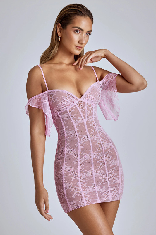 Sheer Lace A-Line Mini Dress in Baby Pink - UK Size:10